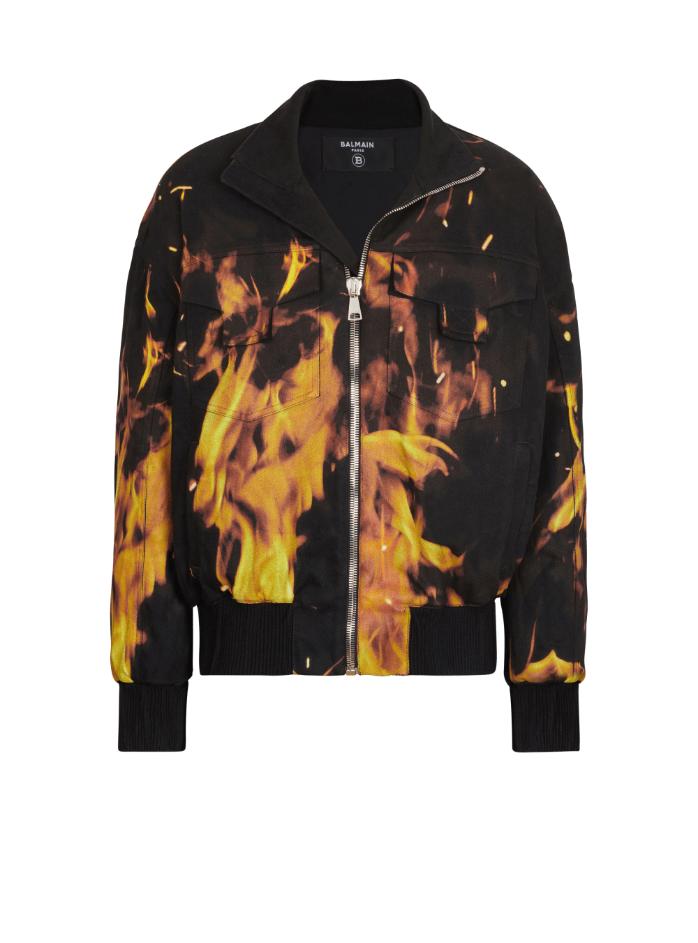 Men\'s Balmain Fire Print Denim Bomber Jackets Orange | USA TOYqJdpI