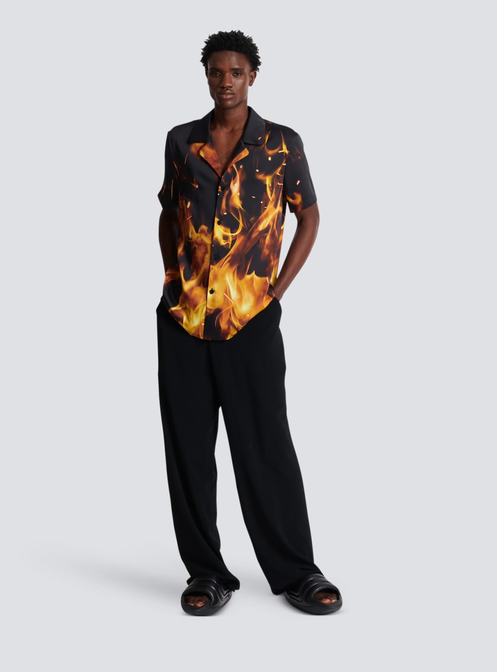 Men's Balmain Fire Print Pyjama-style Shirts Orange | USA qLCpMItP