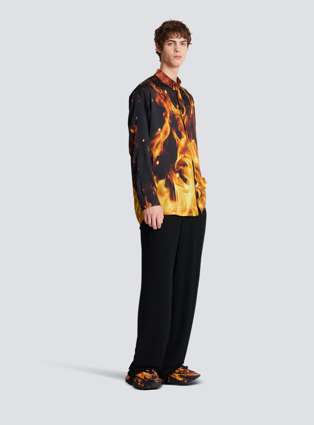 Men's Balmain Fire Print Twill Shirts Orange | USA ZRxiVVlY