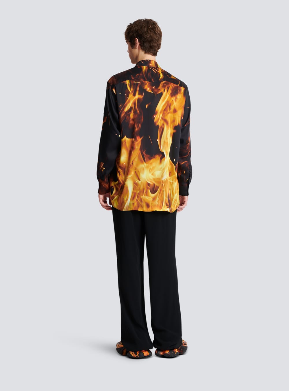 Men's Balmain Fire Print Twill Shirts Orange | USA ZRxiVVlY