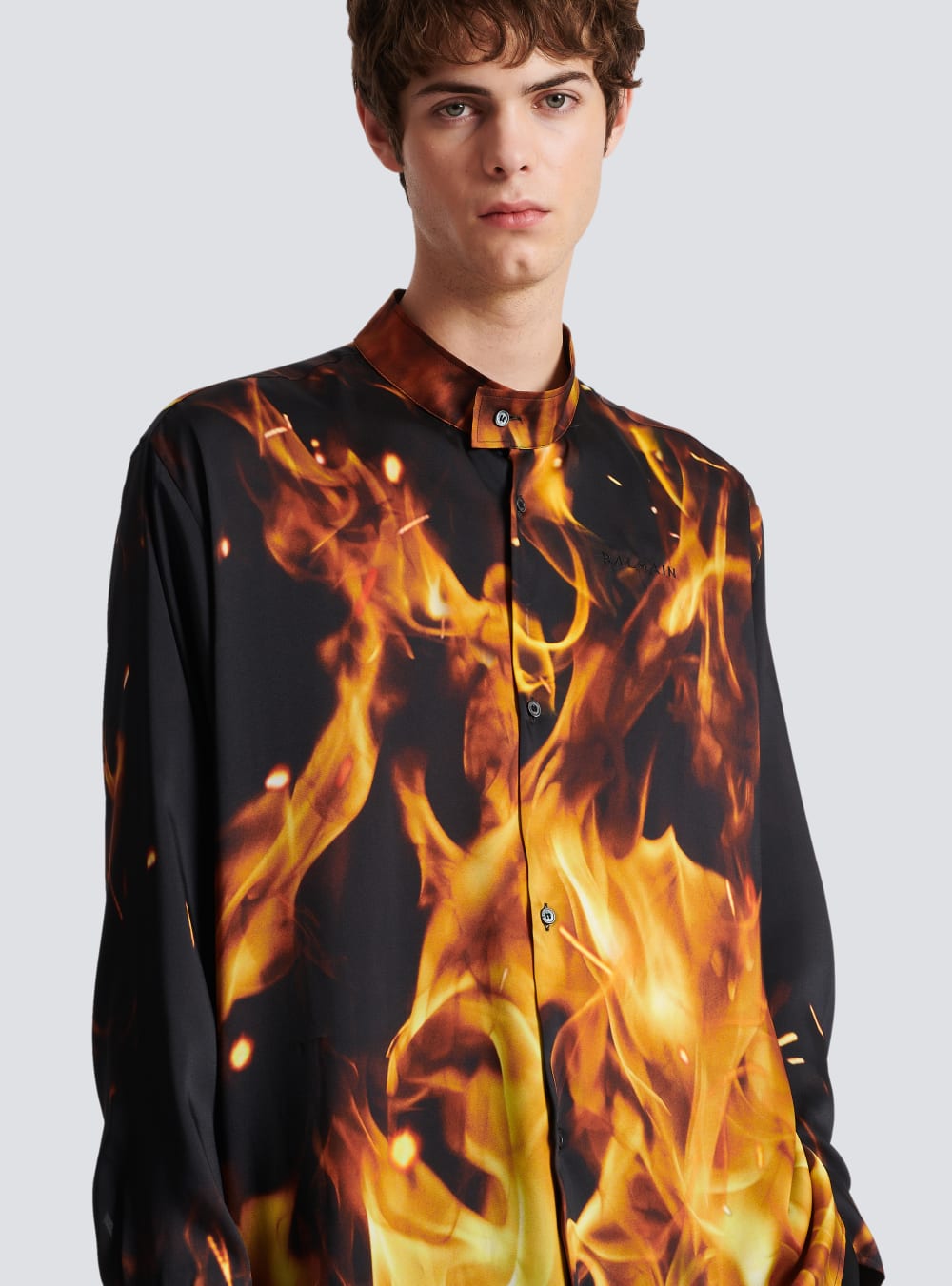 Men's Balmain Fire Print Twill Shirts Orange | USA ZRxiVVlY