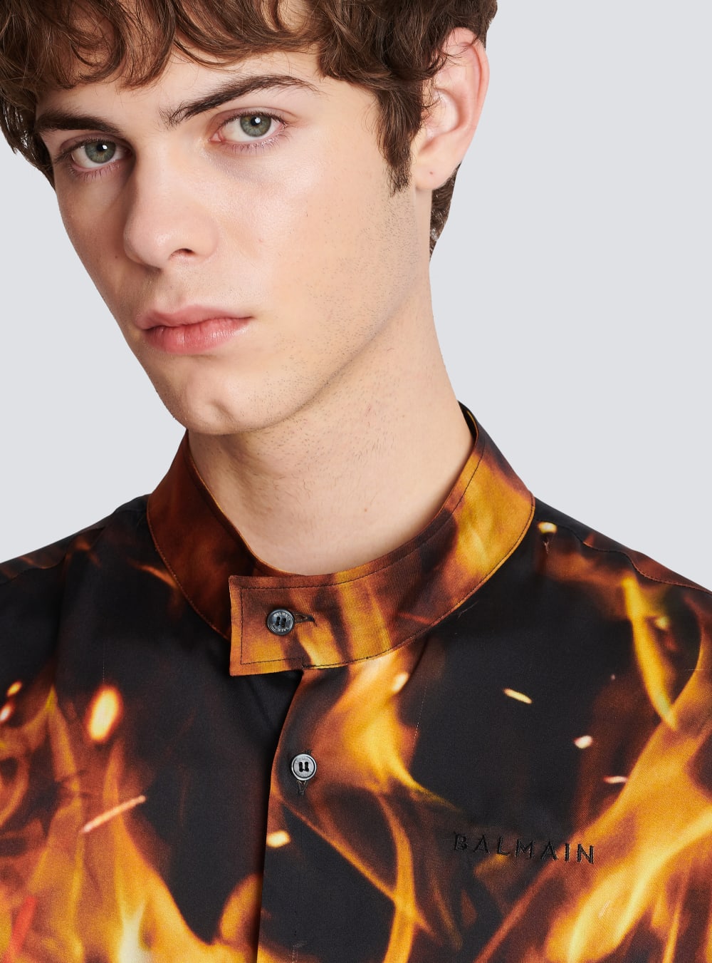 Men's Balmain Fire Print Twill Shirts Orange | USA ZRxiVVlY