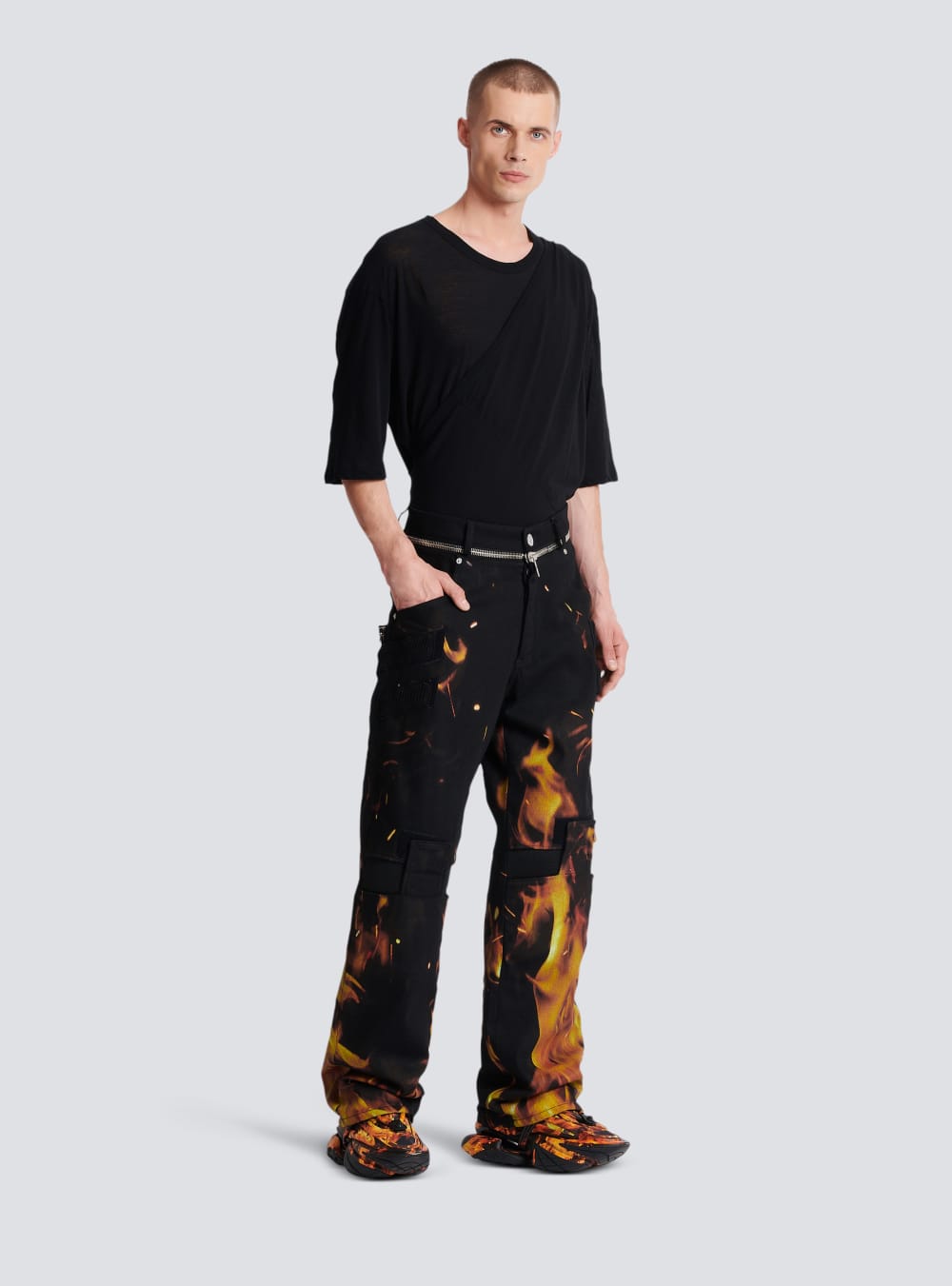 Men's Balmain Fire Print With Inserts Jeans Orange | USA gyyUHbbW