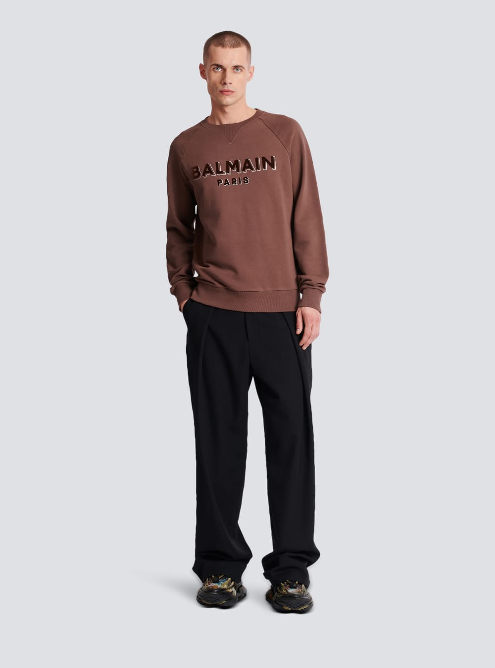 Men's Balmain Flocked Logo Sweatshirts Brown | USA OCAcbwj7