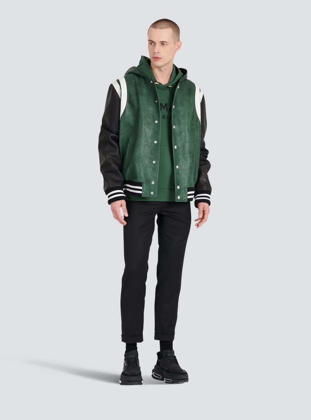 Men's Balmain Hooded Cotton With Paris Logo Print Sweatshirts Green | USA AyNkuGjZ