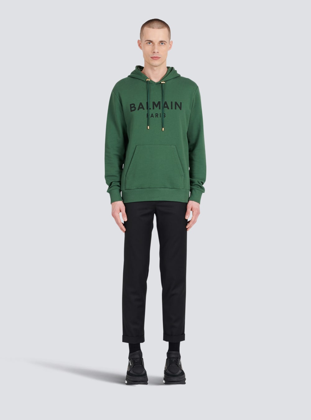 Men's Balmain Hooded Cotton With Paris Logo Print Sweatshirts Green | USA AyNkuGjZ