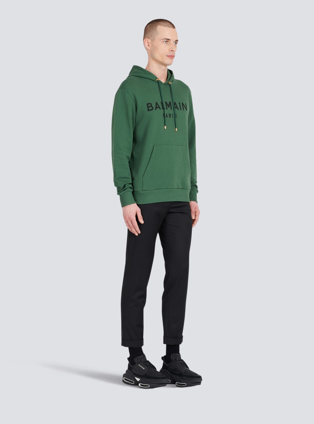 Men's Balmain Hooded Cotton With Paris Logo Print Sweatshirts Green | USA AyNkuGjZ