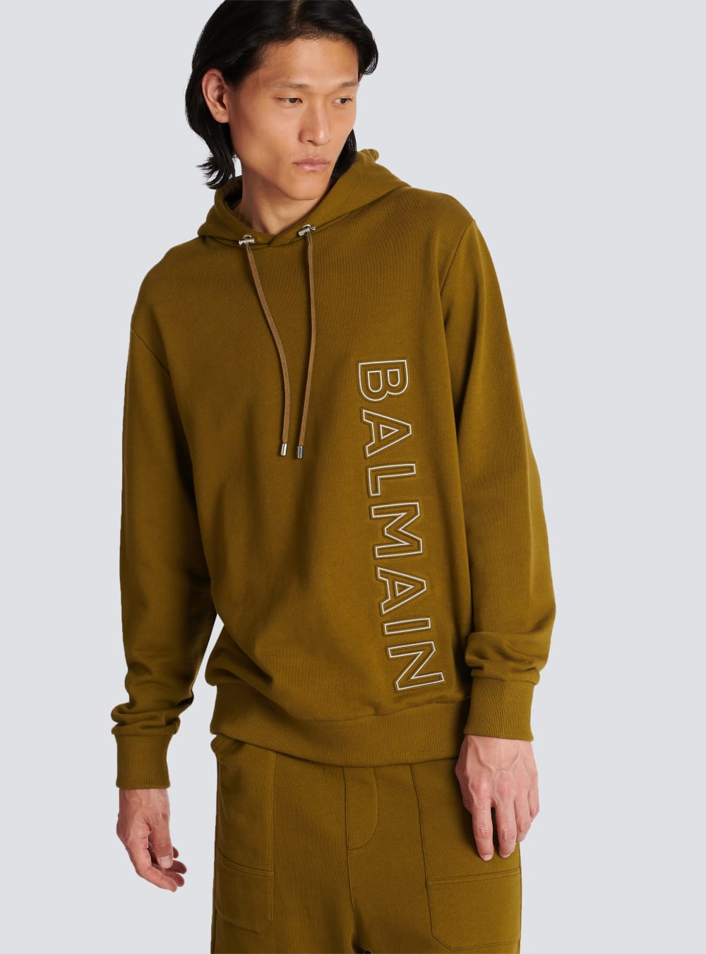 Men's Balmain Hoodie In Eco-responsible Cotton With Reflective Logo Sweatshirts Khaki | USA HJajOXyG