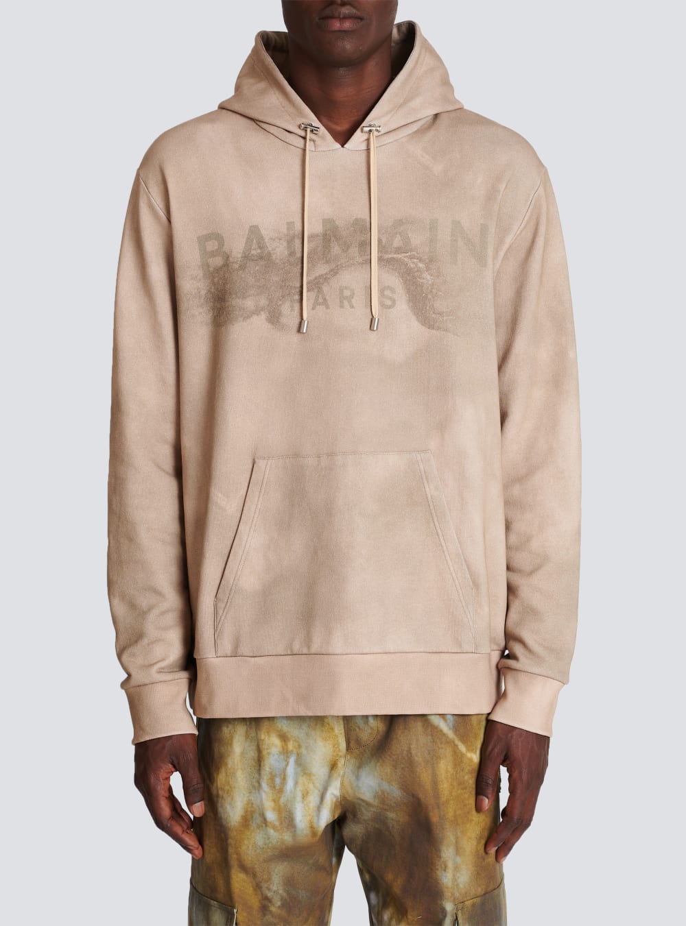 Men's Balmain Hoodie In Eco-responsible Cotton With Paris Desert Logo Print Sweatshirts Beige | USA WaShhqDP