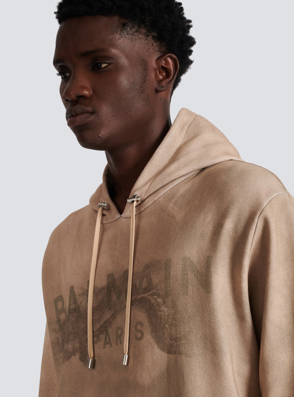 Men's Balmain Hoodie In Eco-responsible Cotton With Paris Desert Logo Print Sweatshirts Beige | USA WaShhqDP