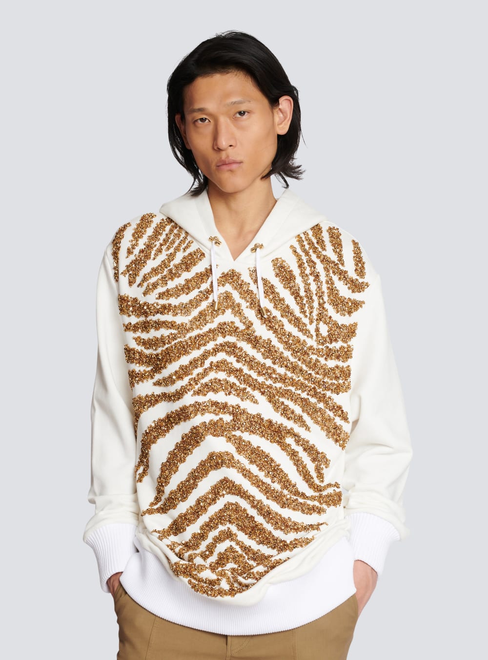 Men's Balmain Hoodie With Embroidered Zebra Stripes Sweatshirts Gold | USA mMNgNjTz