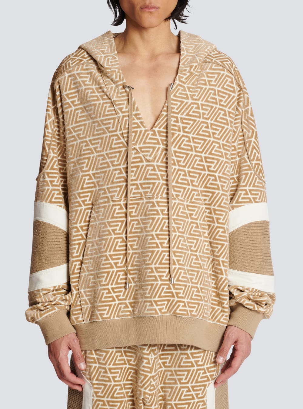 Men's Balmain Hoodie With Printed Pyramid Monogram Sweatshirts Beige | USA 2mjWp6PO