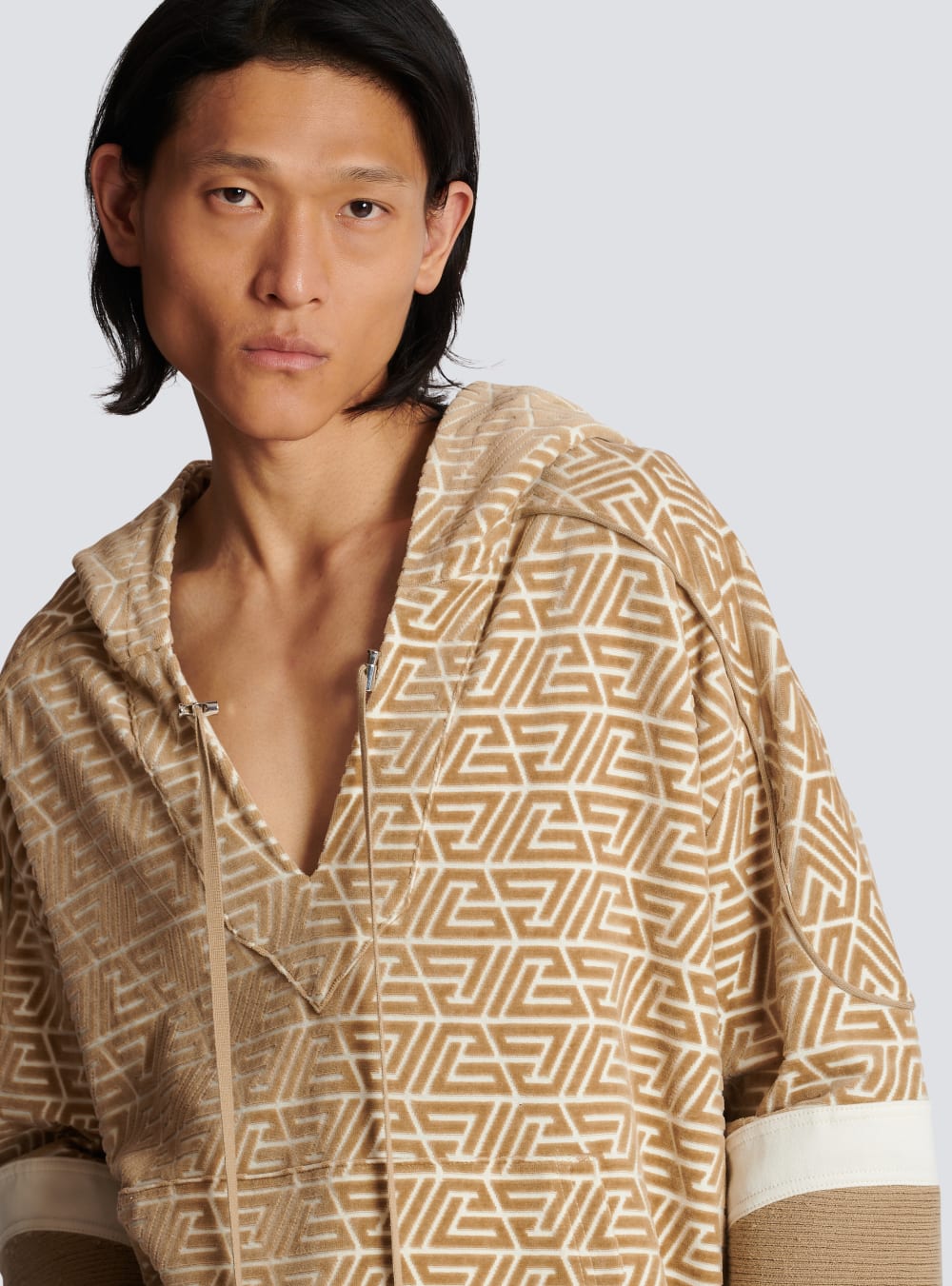 Men's Balmain Hoodie With Printed Pyramid Monogram Sweatshirts Beige | USA 2mjWp6PO