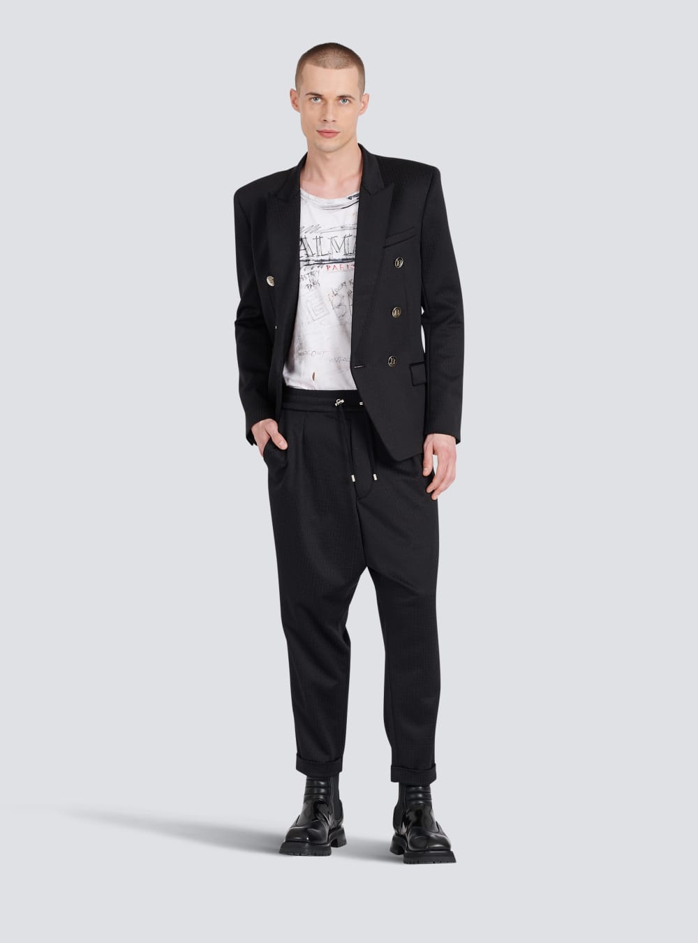 Men's Balmain Jersey Double-breasted With Monogram Print Blazers Black | USA ORPV7lVv