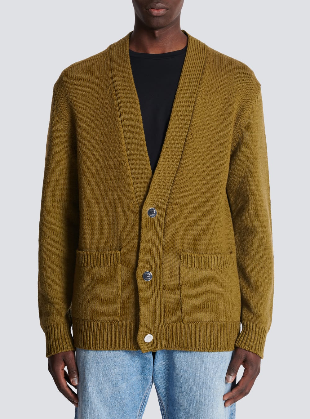 Men's Balmain Knit With Logo Cardigan Khaki | USA 7kipSVJb