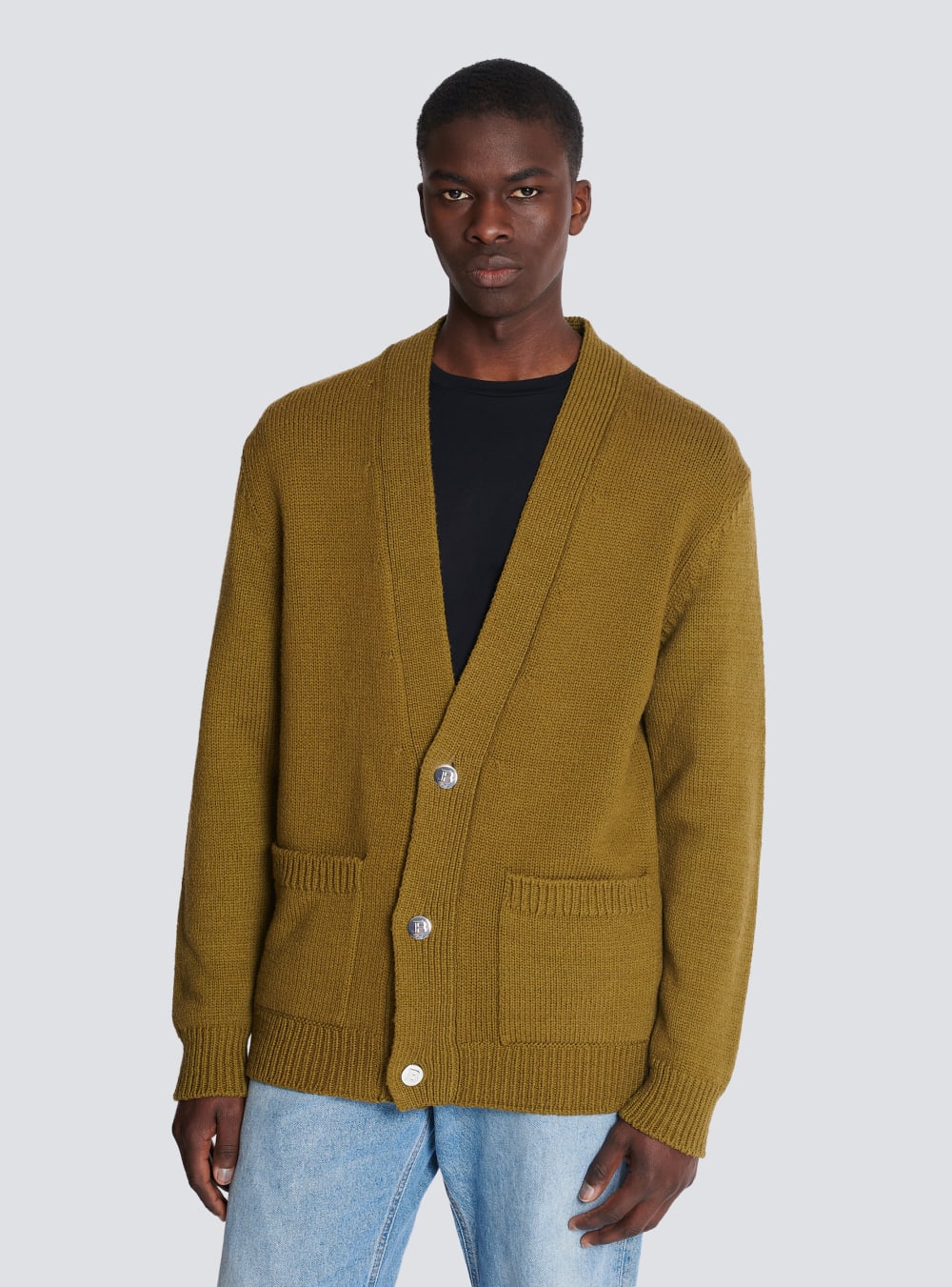 Men's Balmain Knit With Logo Cardigan Khaki | USA 7kipSVJb