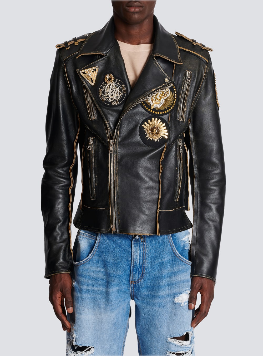 Men's Balmain Leather Biker With Embroidered Badges Jackets Black | USA 3z0Ic5XJ