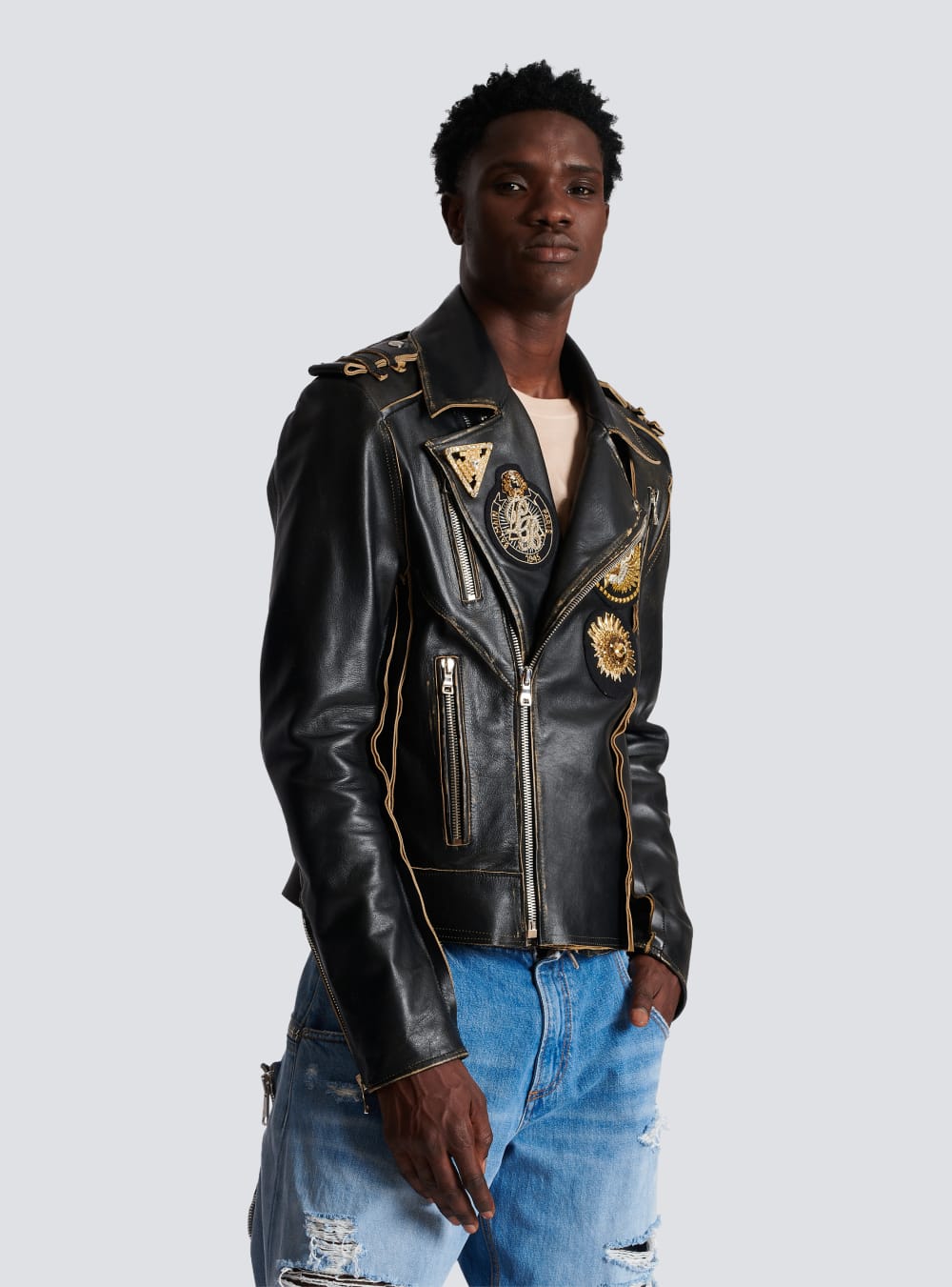 Men's Balmain Leather Biker With Embroidered Badges Jackets Black | USA 3z0Ic5XJ