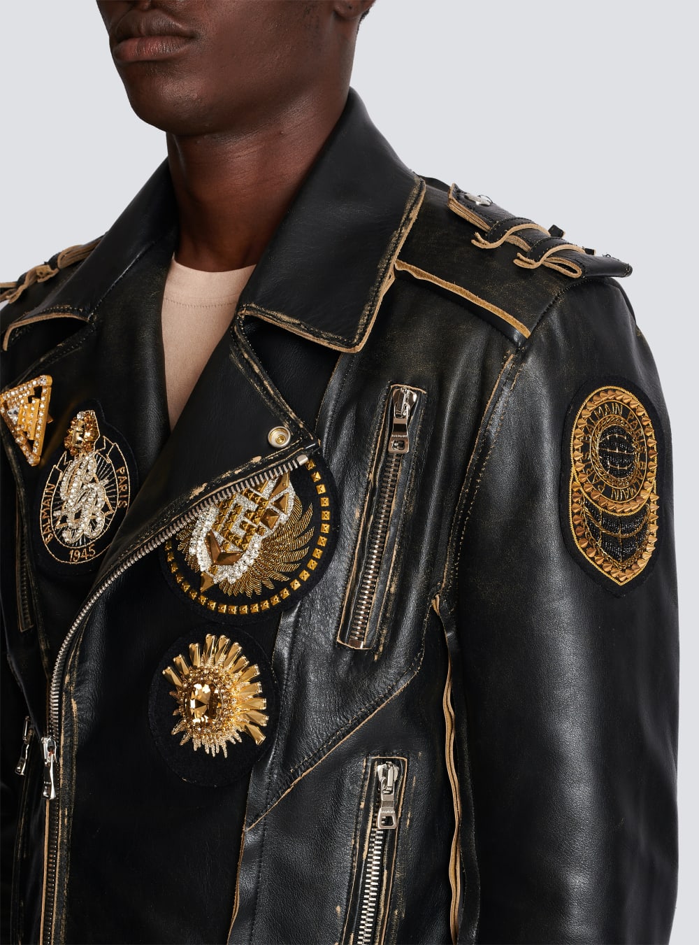 Men's Balmain Leather Biker With Embroidered Badges Jackets Black | USA 3z0Ic5XJ