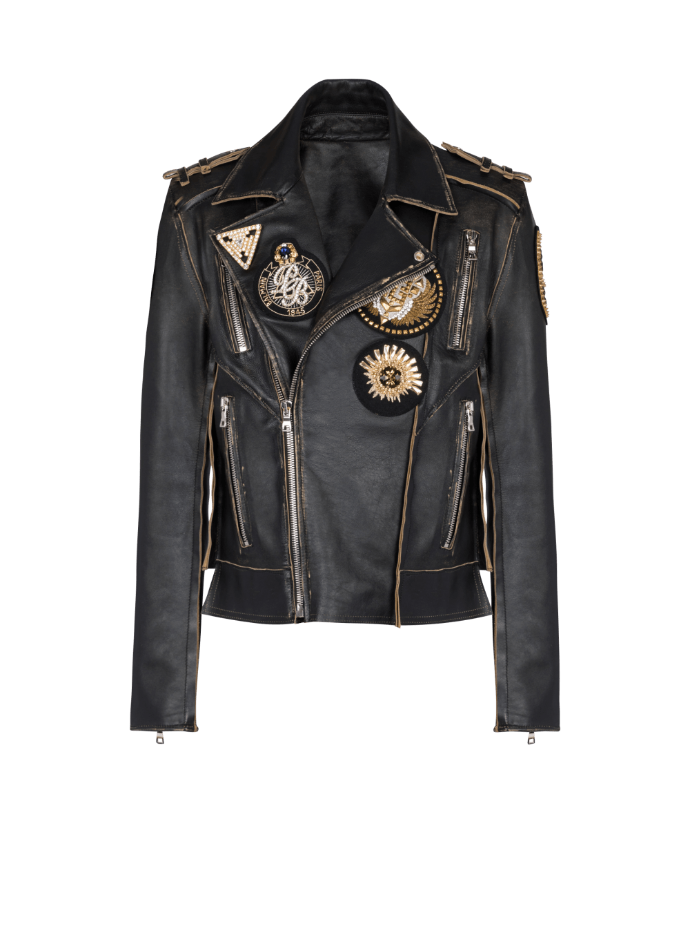 Men\'s Balmain Leather Biker With Embroidered Badges Jackets Black | USA 3z0Ic5XJ