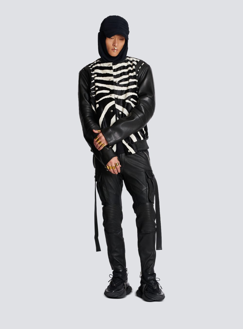 Men's Balmain Leather Bomber With Zebra Motif Jackets Black | USA PyXpi8uu