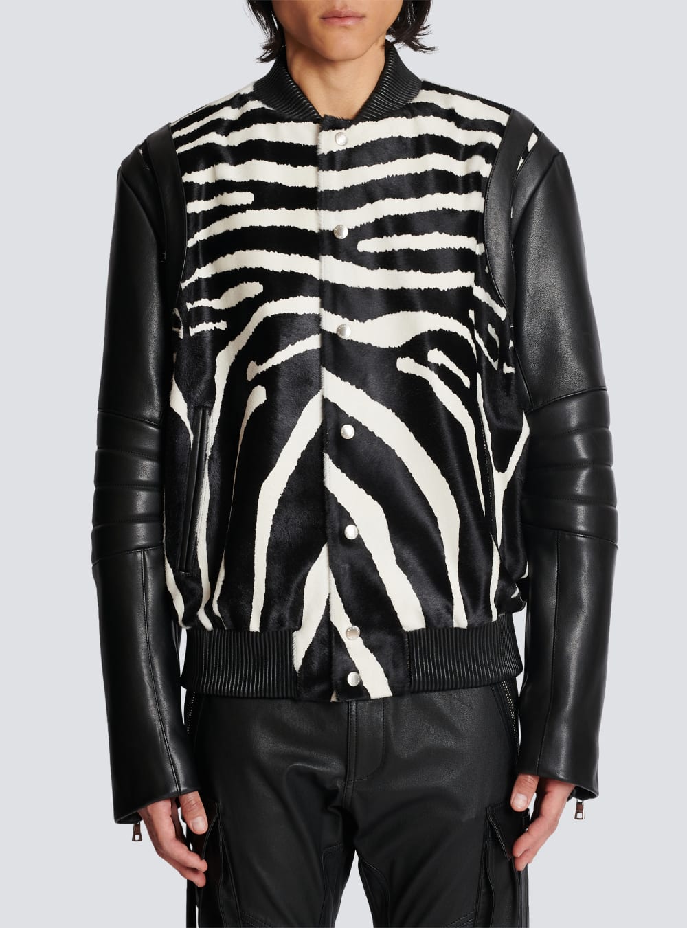 Men's Balmain Leather Bomber With Zebra Motif Jackets Black | USA PyXpi8uu