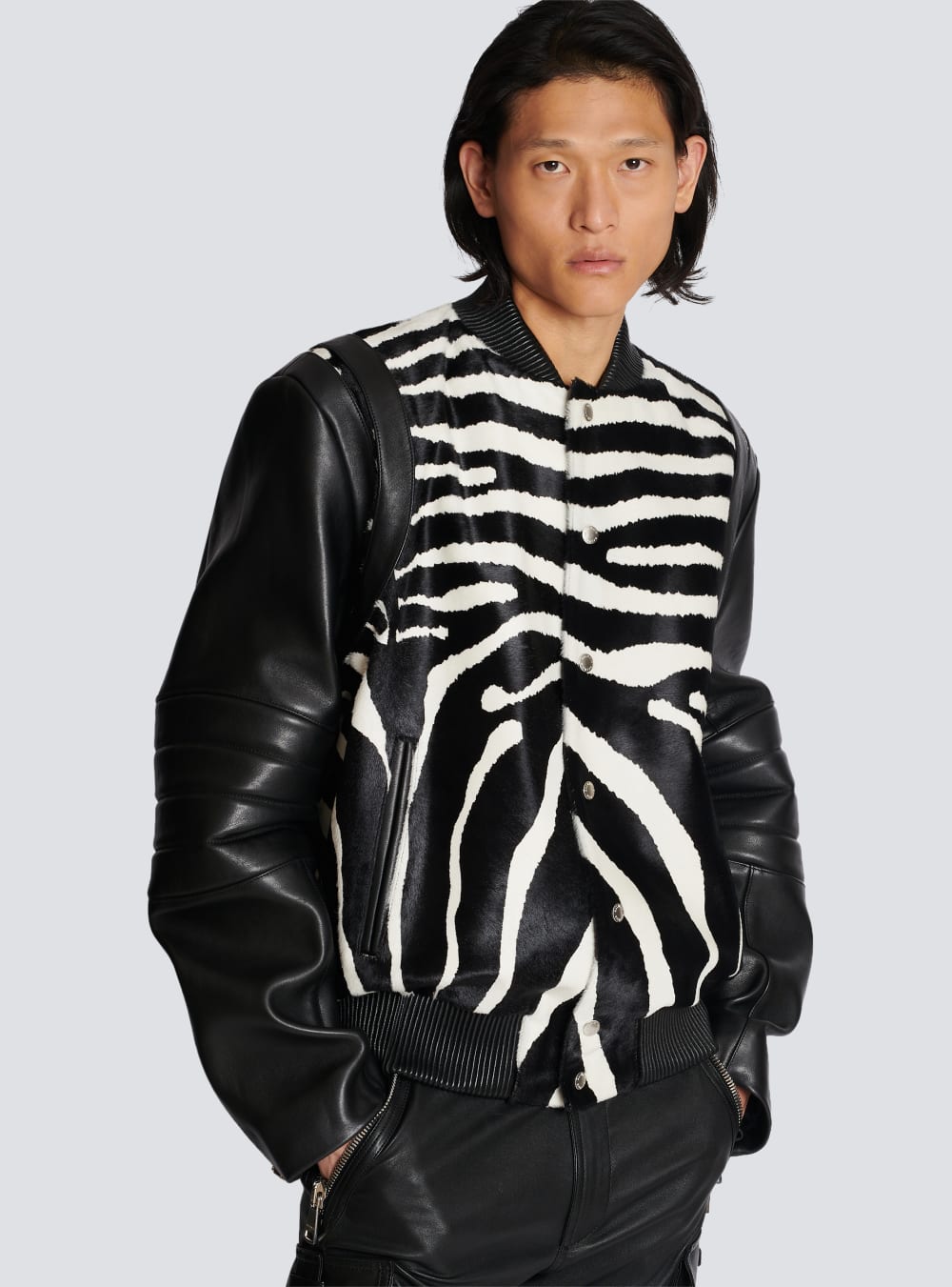 Men's Balmain Leather Bomber With Zebra Motif Jackets Black | USA PyXpi8uu