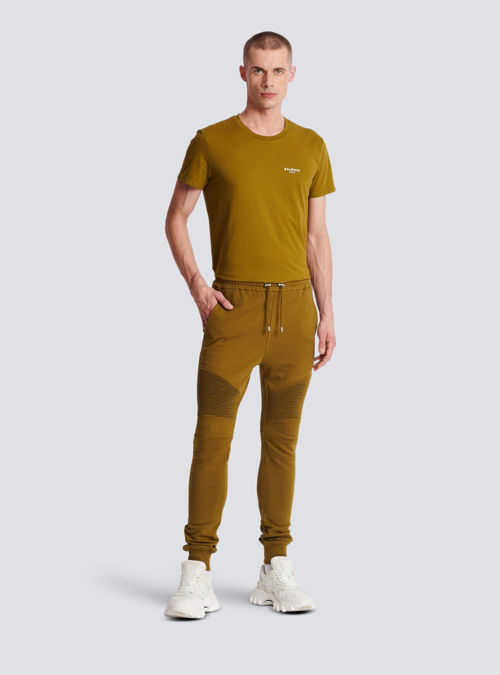 Men's Balmain Logo Printed Cotton Jogging Trousers Khaki | USA eI7mz6nF