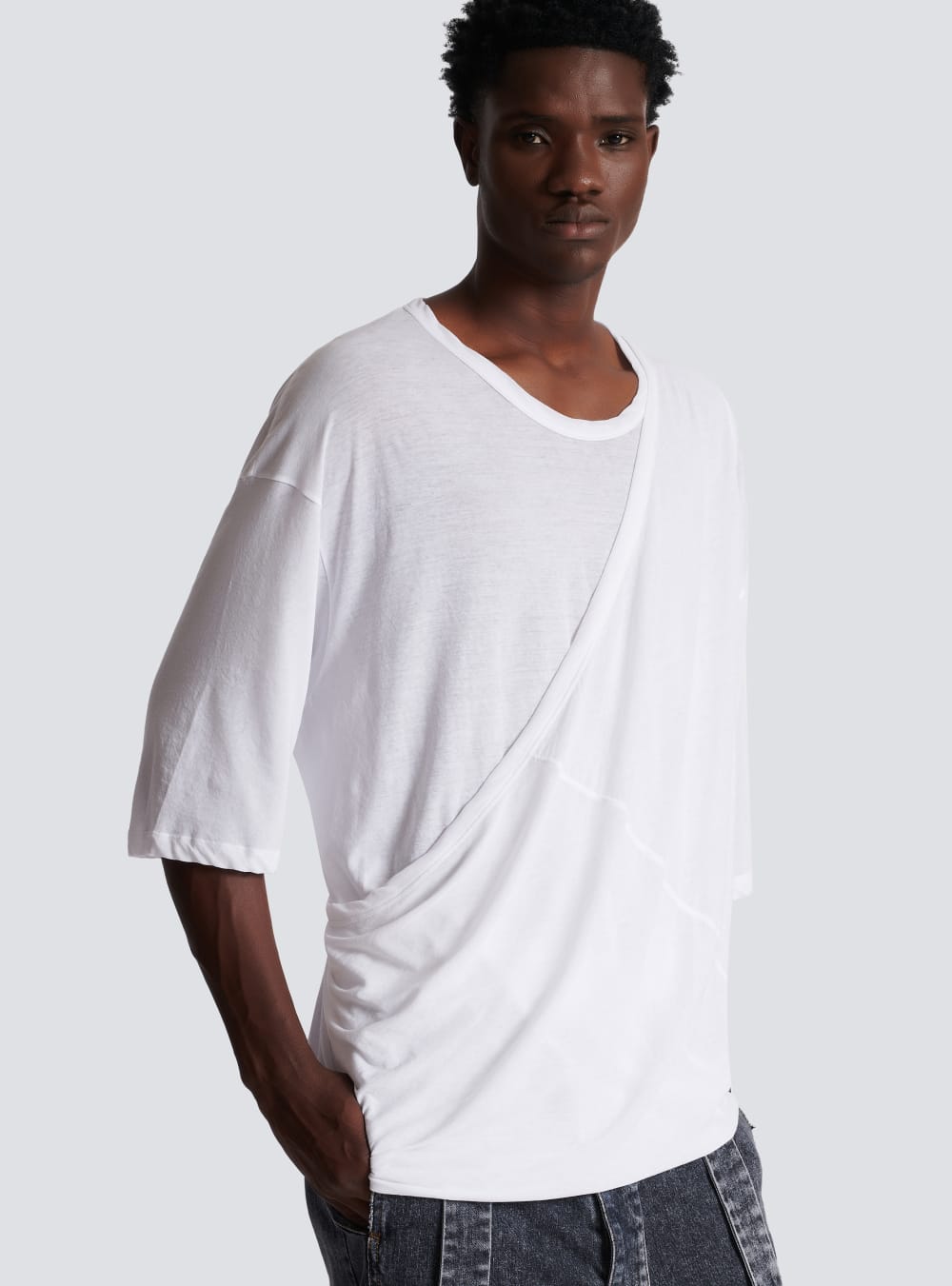 Men's Balmain Long Double Thickness Cotton T Shirts White | USA PNWiSOND