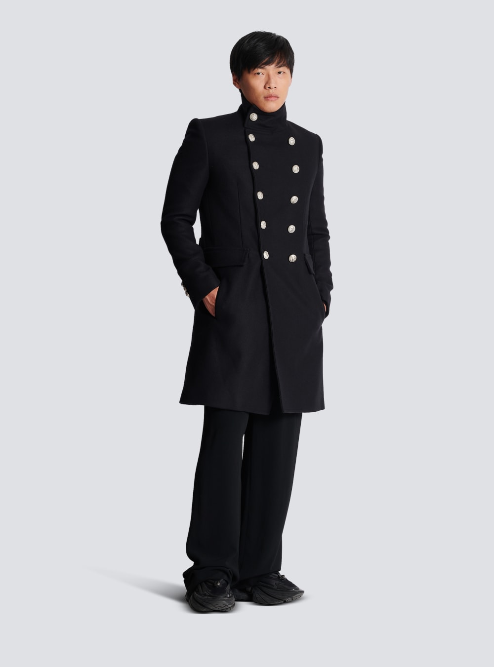 Men's Balmain Long Wool Military Style Jackets Black | USA NjnbVMqg