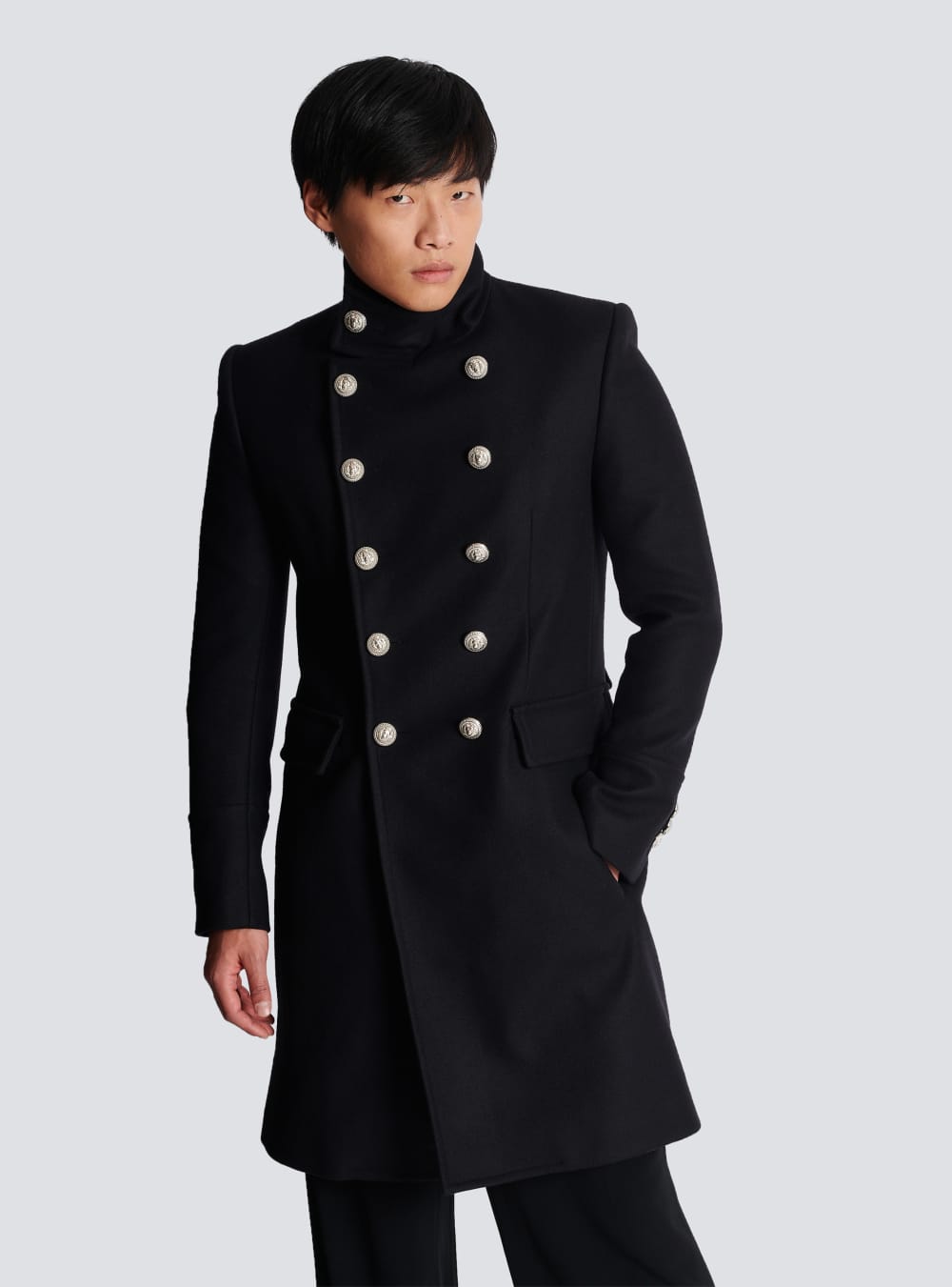 Men's Balmain Long Wool Military Style Jackets Black | USA NjnbVMqg