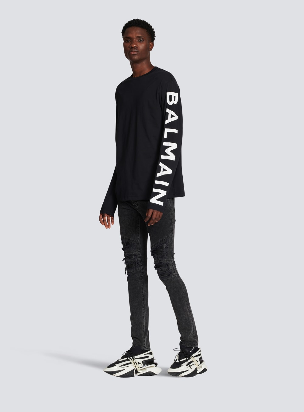 Men's Balmain Long-sleeved Cotton With Signature On Sleeve T Shirts Black | USA iF8OXVYf