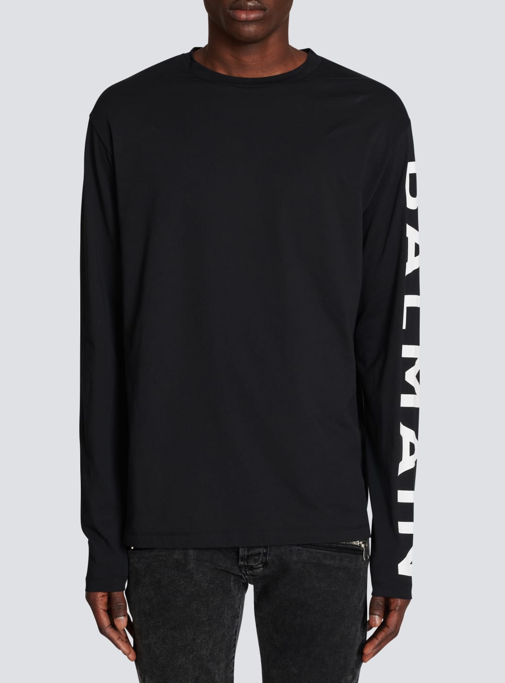 Men's Balmain Long-sleeved Cotton With Signature On Sleeve T Shirts Black | USA iF8OXVYf