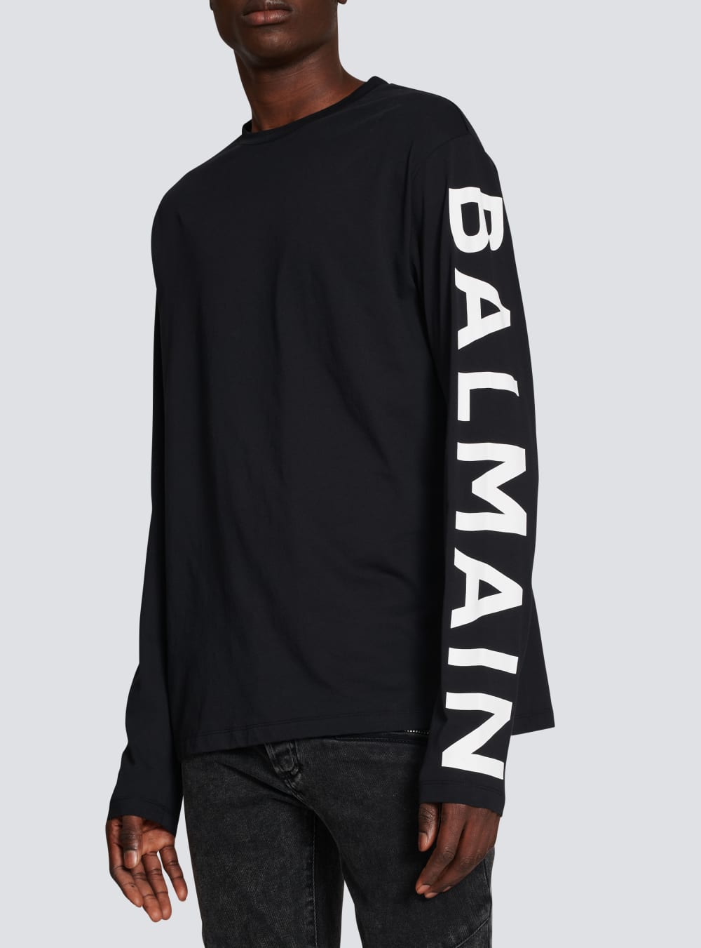 Men's Balmain Long-sleeved Cotton With Signature On Sleeve T Shirts Black | USA iF8OXVYf