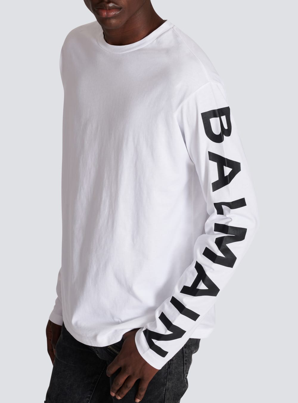 Men's Balmain Long-sleeved Cotton With Signature On Sleeve T Shirts White | USA wiBqKx6W