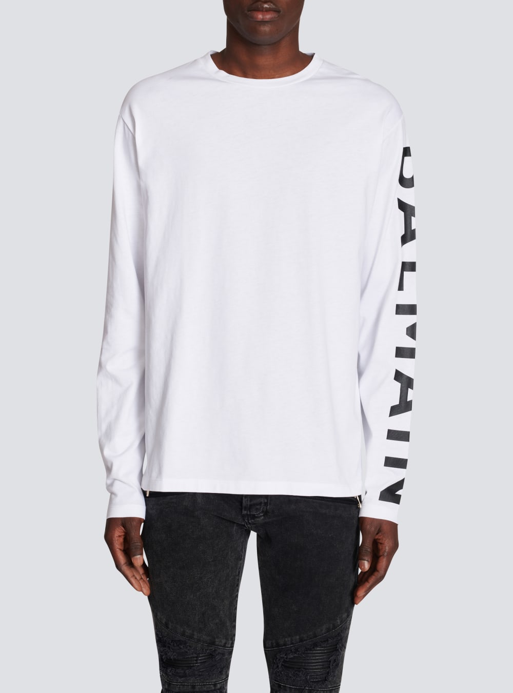 Men's Balmain Long-sleeved Cotton With Signature On Sleeve T Shirts White | USA wiBqKx6W