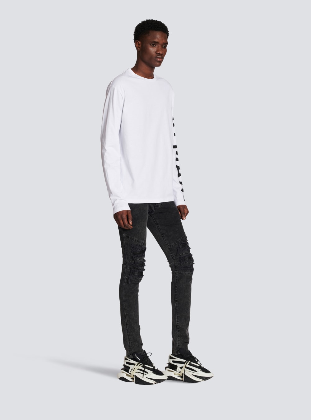 Men's Balmain Long-sleeved Cotton With Signature On Sleeve T Shirts White | USA wiBqKx6W