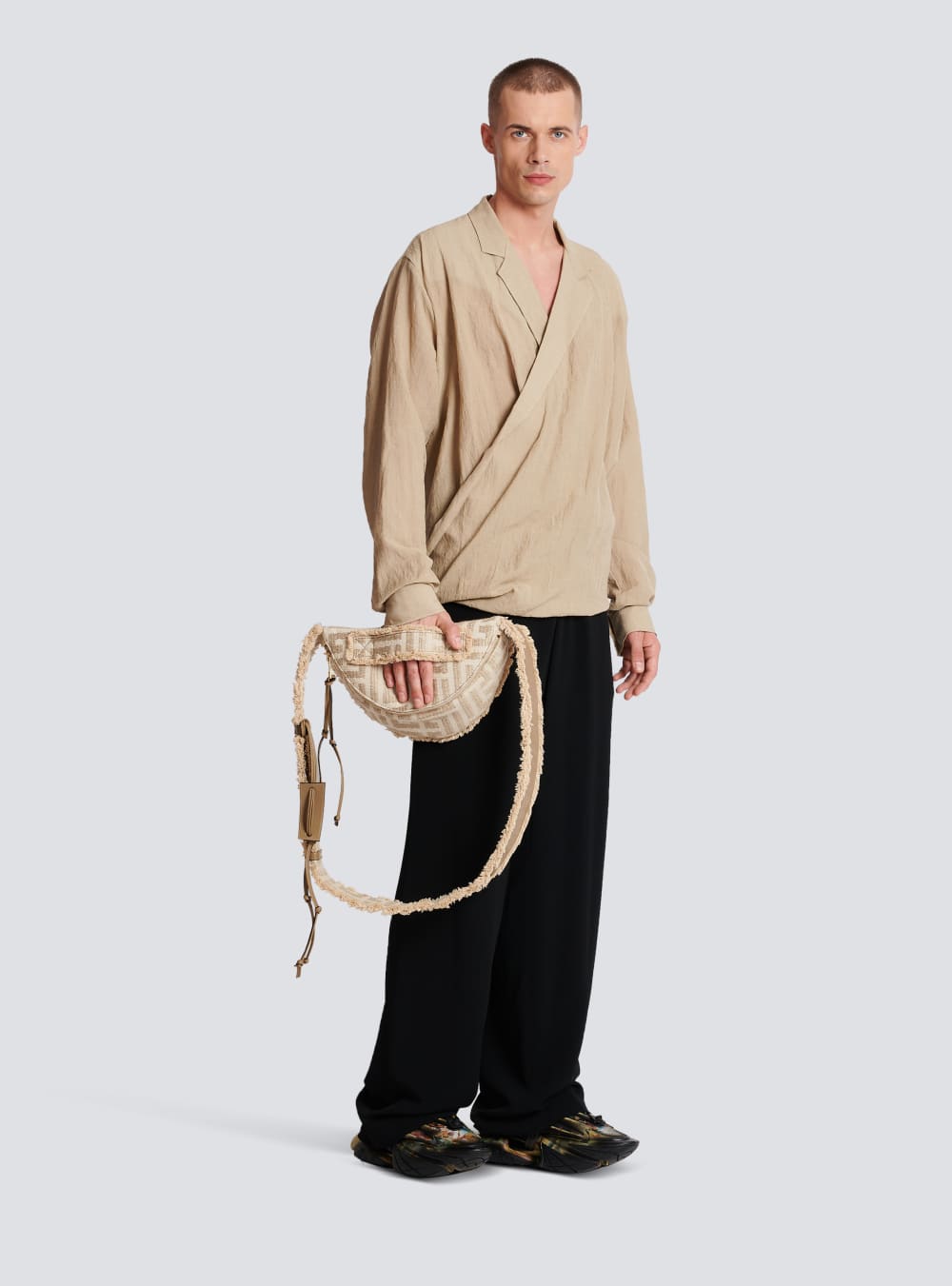 Men's Balmain Monogrammed Cotton Raffia Belt Shoulder Bags Beige | USA b3xhG3LY