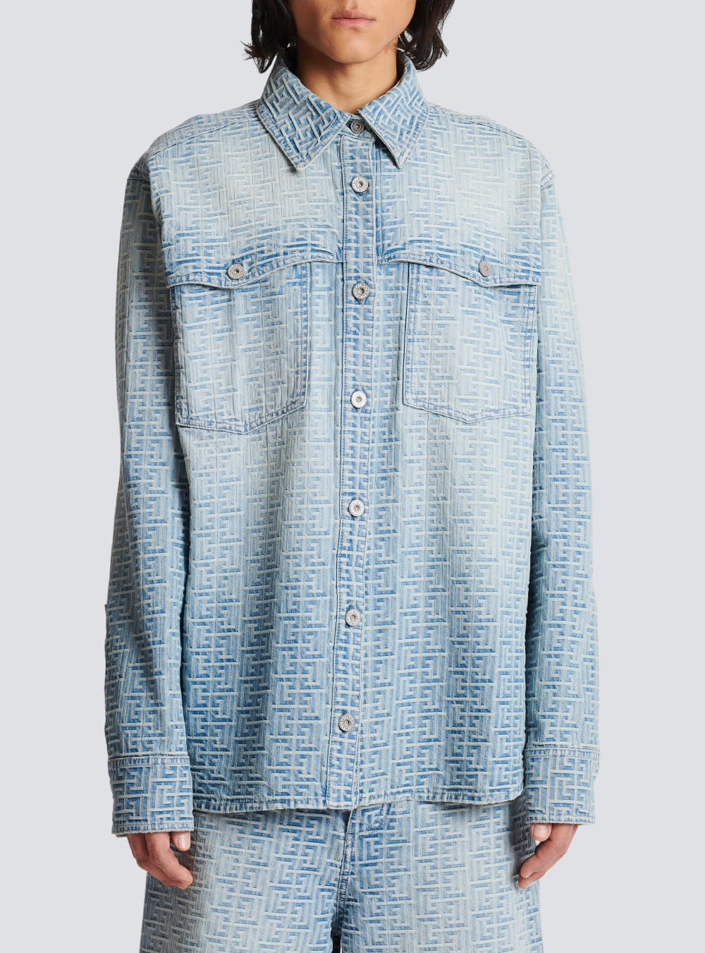 Men's Balmain Monogrammed Denim Shirts Blue | USA Gbq4FmEh