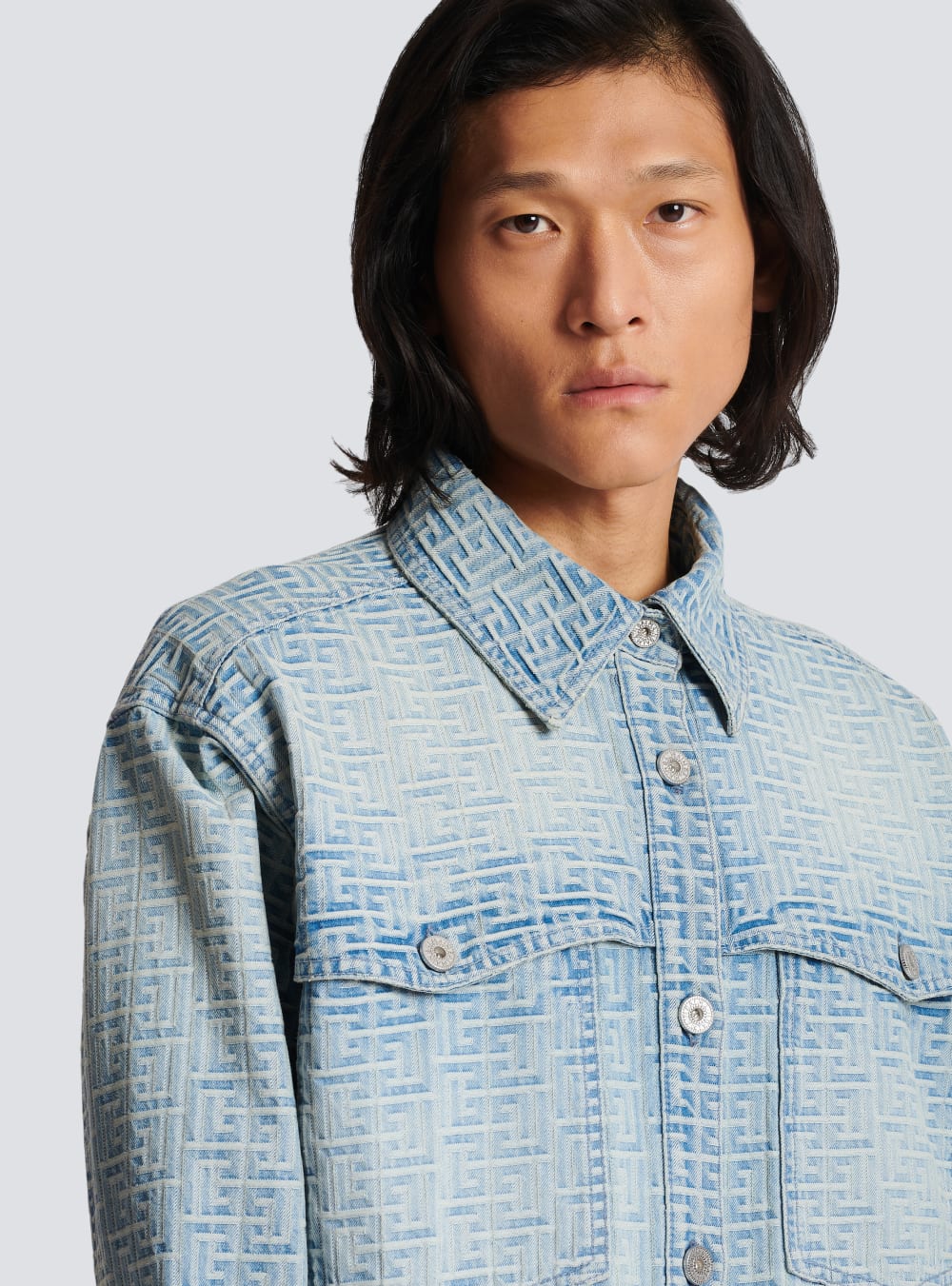 Men's Balmain Monogrammed Denim Shirts Blue | USA Gbq4FmEh