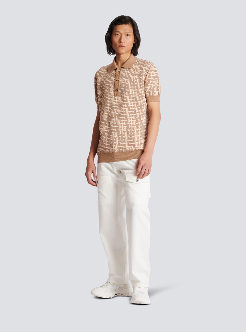 Men's Balmain Monogrammed Knitted Polo Shirts Beige | USA 9WLda7fO