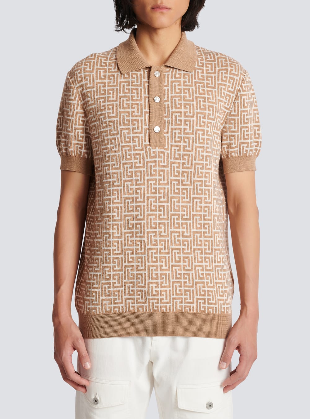 Men's Balmain Monogrammed Knitted Polo Shirts Beige | USA 9WLda7fO