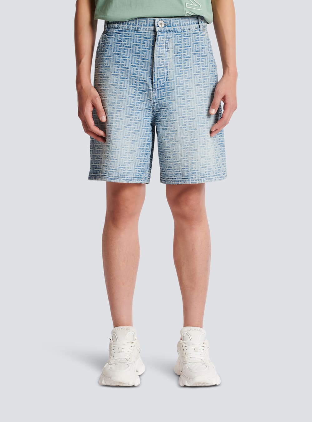 Men's Balmain Monogrammed Straight-cut Denim Shorts Blue | USA R3olGIWj