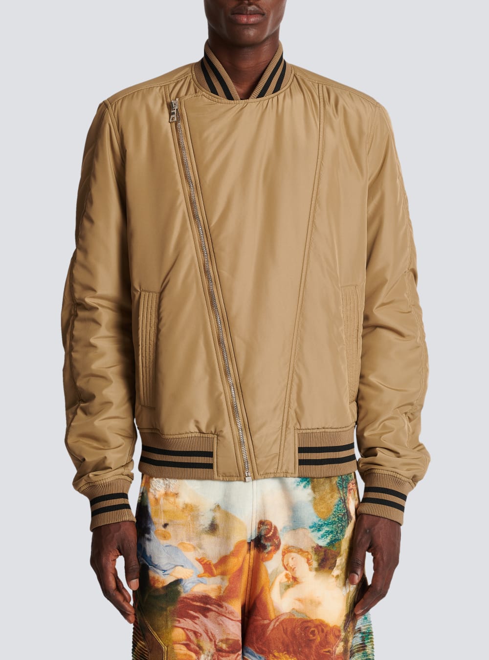 Men's Balmain Nylon Bomber With Printed Logo Jackets Khaki | USA WEnaFnvo