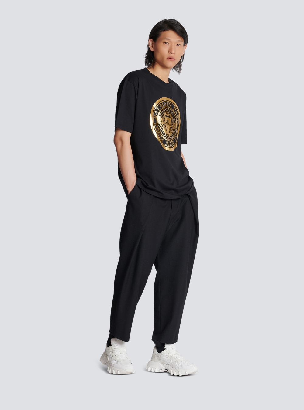 Men's Balmain Oversized Cotton With Metallic Coin Logo Print T Shirts Gold | USA ERvr0KOP