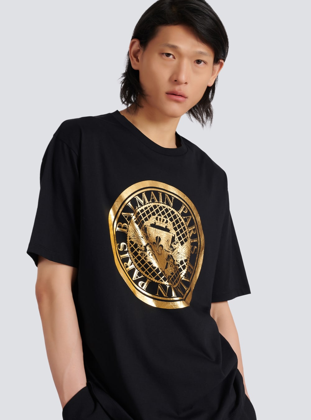 Men's Balmain Oversized Cotton With Metallic Coin Logo Print T Shirts Gold | USA ERvr0KOP