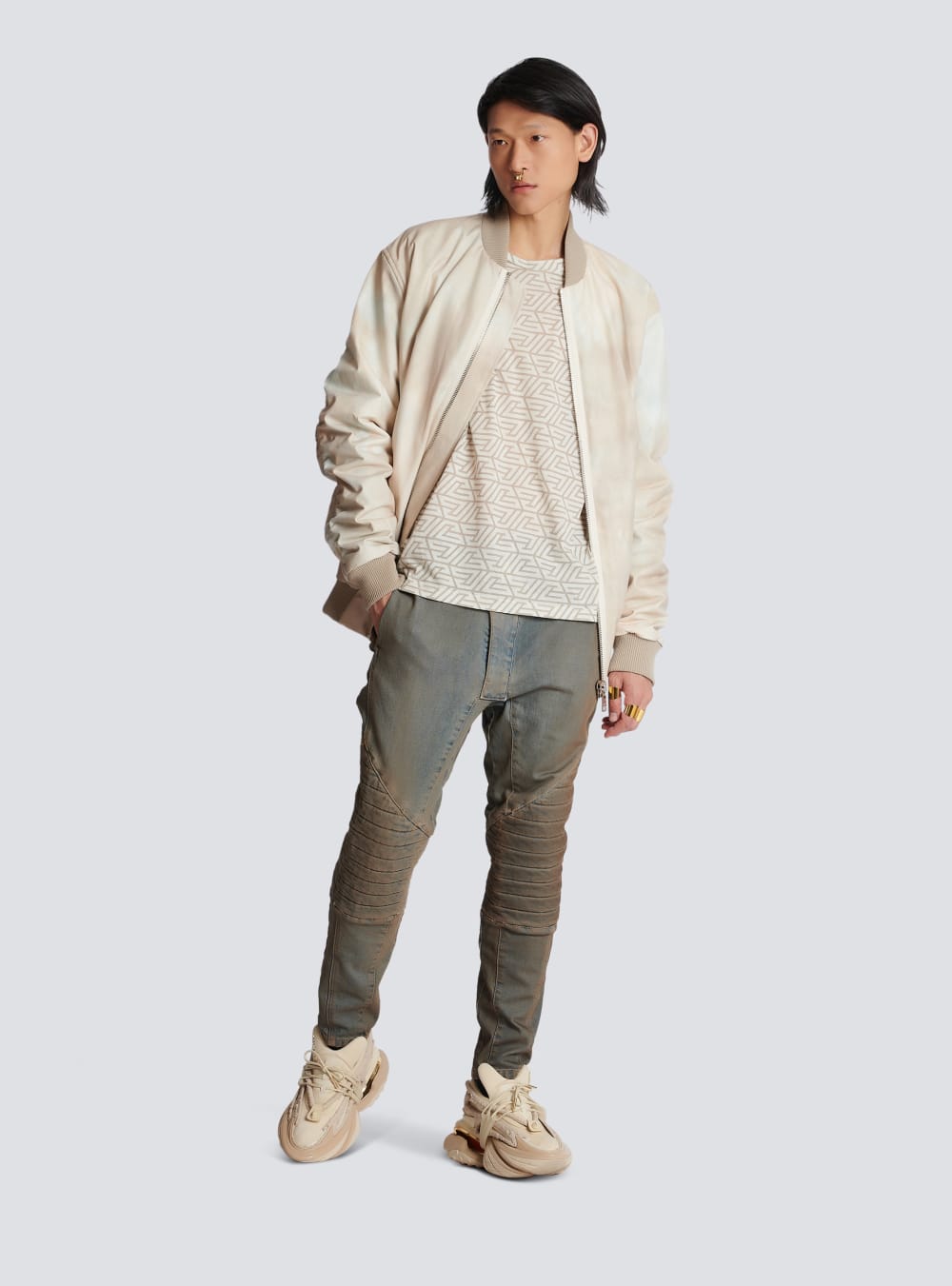 Men's Balmain Oversized Cotton With Printed Pyramid Monogram T Shirts Khaki | USA xbiyohpI