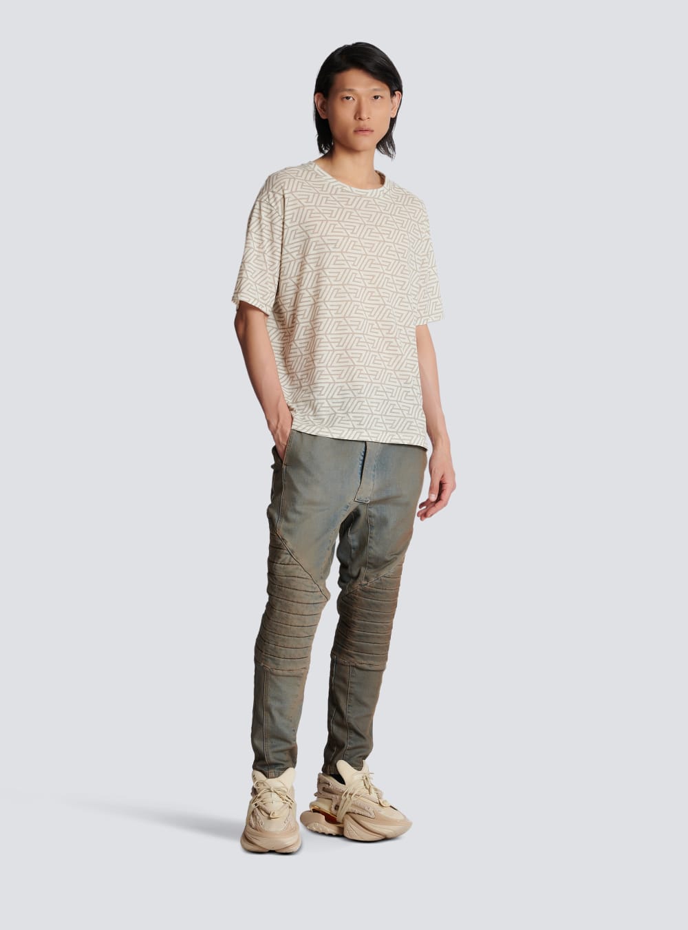 Men's Balmain Oversized Cotton With Printed Pyramid Monogram T Shirts Khaki | USA xbiyohpI