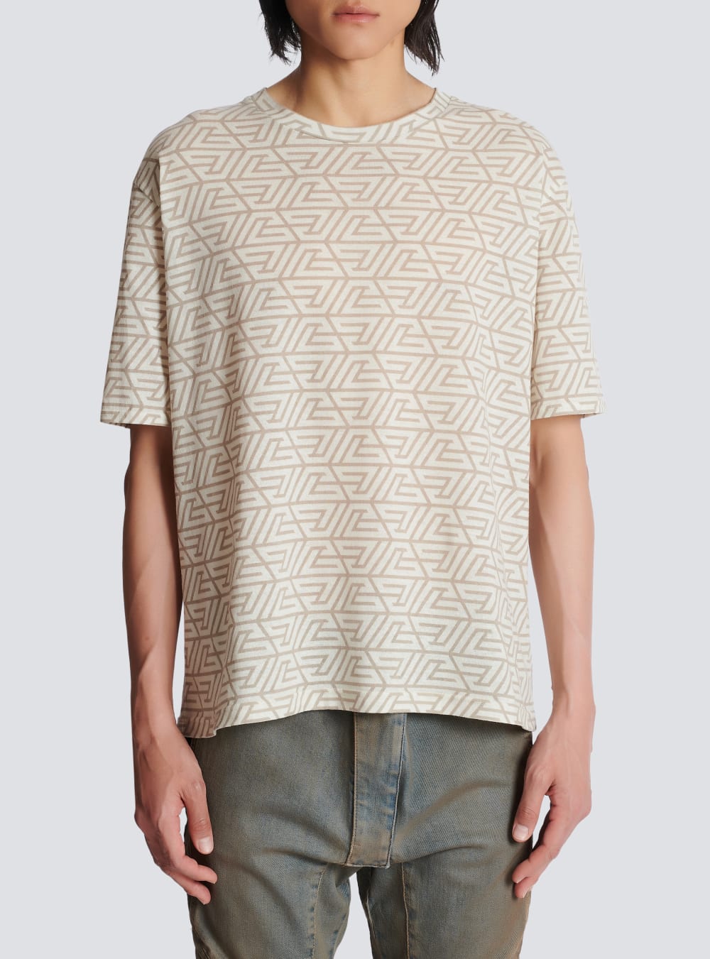 Men's Balmain Oversized Cotton With Printed Pyramid Monogram T Shirts Khaki | USA xbiyohpI