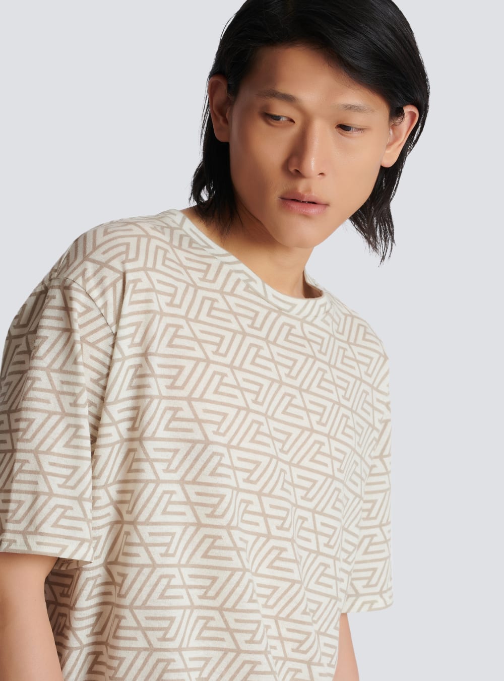 Men's Balmain Oversized Cotton With Printed Pyramid Monogram T Shirts Khaki | USA xbiyohpI